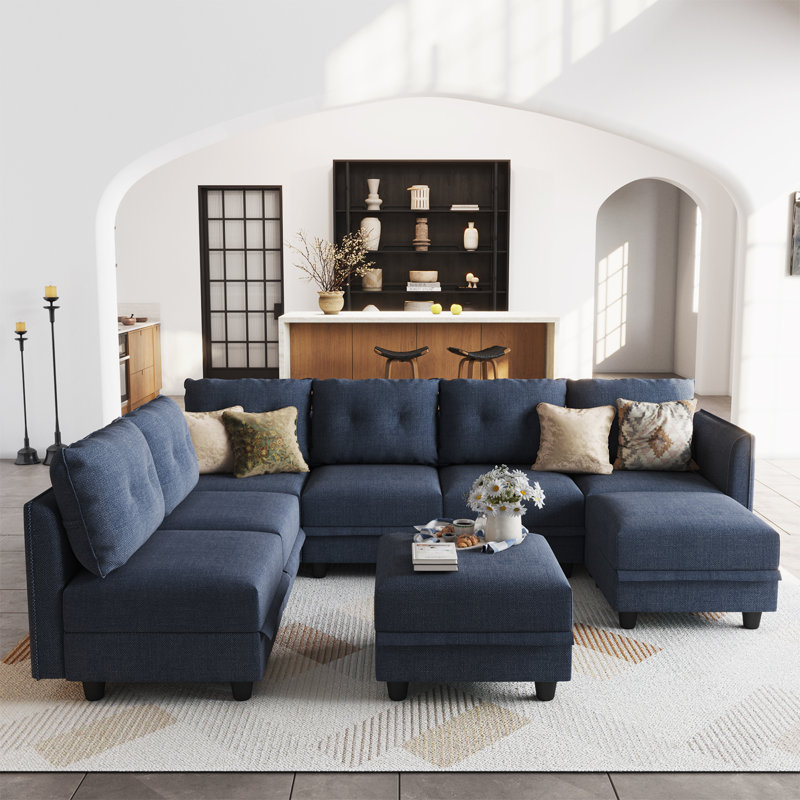 Tomario 8- Piece Upholstered L-Shaped Modular Sectional With Storage Ottoman, Blue Faux Leather