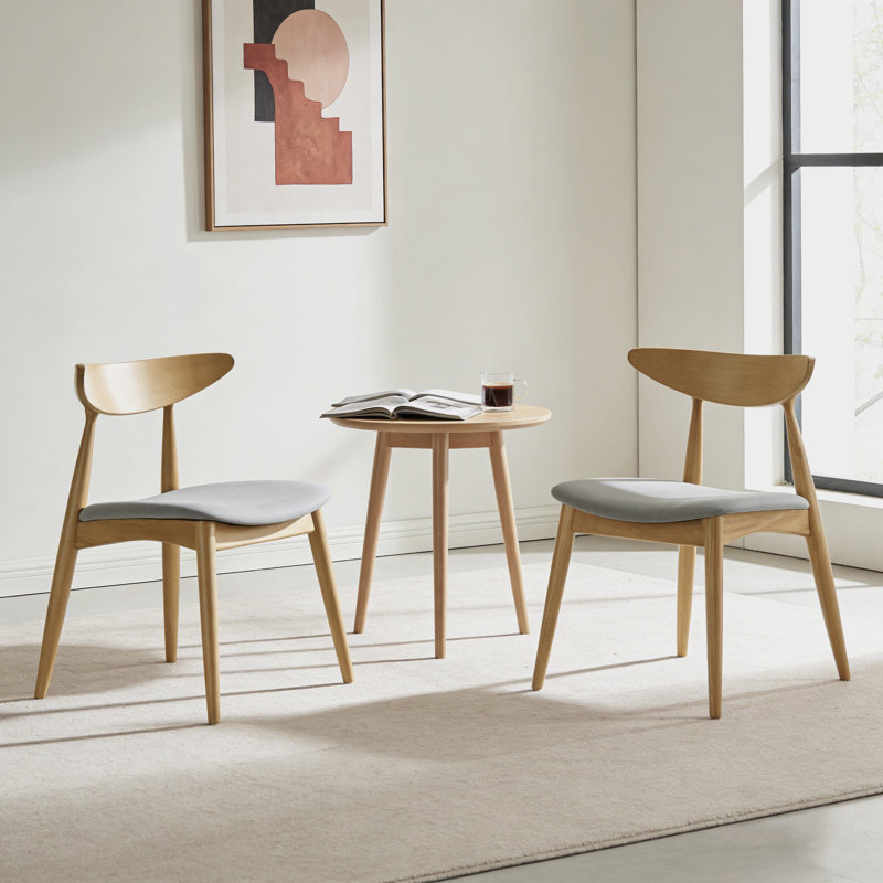 Ensemble de 2 chaises en bois d'hévéa rétro avec dossier incurvé et coussin, Gris clair, Bois naturel