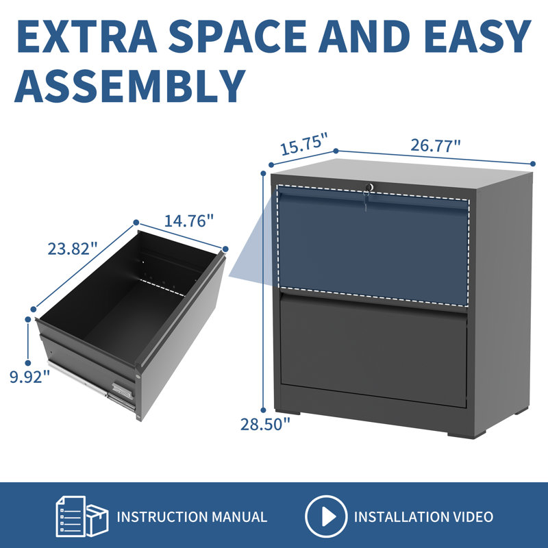 2 Drawer Lateral File Cabinet with Lock - Home Office Storage for Letter/Legal/F4/A4 Hanging Files - Requires Assembly, Black