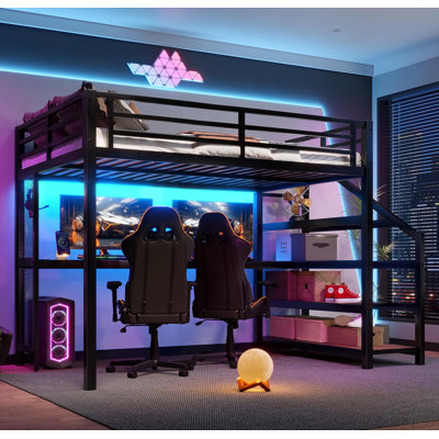 Full Loft Bed With Desk And Storage Stairs, Metal Loft Beds With LED Lights, USB Ports, Multifunctional Iron Nets, No Spring Box Needed And Noise-Free, Black