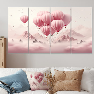 «Pink Air Balloon Adventure On Peak - Montgolfière», art mural 4 pièces pour le salon