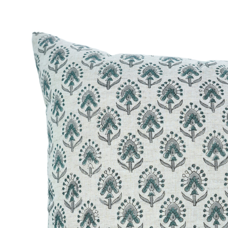 Housse de coussin Art Fab Fabine - Imprimés floraux sur lin doux, Vashundra, H 14 po x l 14 po, Bleu gris, Carrée