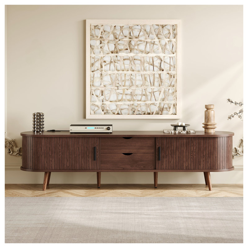 Wooden Oval Fluted TV Stand with Charging Station for TV up to 80", Mid-Century Media Console with Sliding Tambour Door, Farmhouse TV Cabinet for Living Room, Natural/Teak