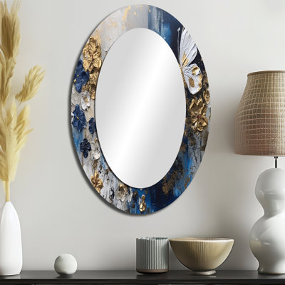 Golden Blue Butterfly Wings And Flowers I - Blue Traditional Oval Wall Mirror