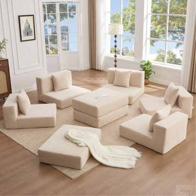 Canapé modulaire Boneless 10-en-1, canapé d'angle, canapé-lit convertible au sol, velours côtelé, poche latérale, sans assemblage, bricolage, canapé modulaire en forme de L, 6 coussins