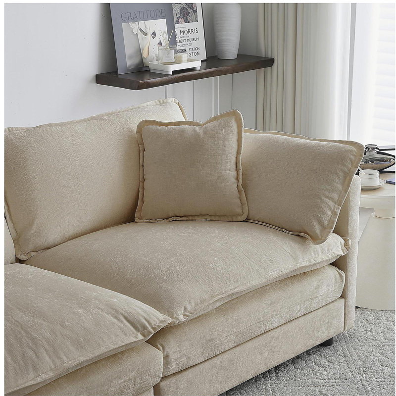 Canapé en chenille deux places avec repose-pieds, canapé modulaire en L avec repose-pieds 2 places, causeuse avec repose-pieds pour petit espace de vie, chenille beige