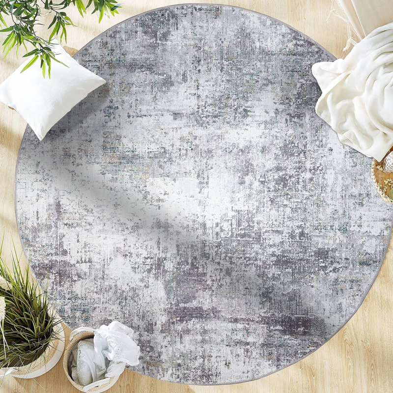 Tapis gris contemporain tissé à plat résistant aux taches et résistant aux taches GLN Rugs, Rond 5 pi 3 po