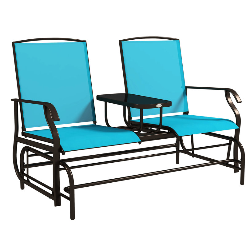 Banc coulissant bleu avec table centrale pour patio. Cadre métallique dans la cour, jardin, porche. Tissu respirant, 528 lb Capacité de poids total, cour arrière coulissante double - Divertissement de patio, porche