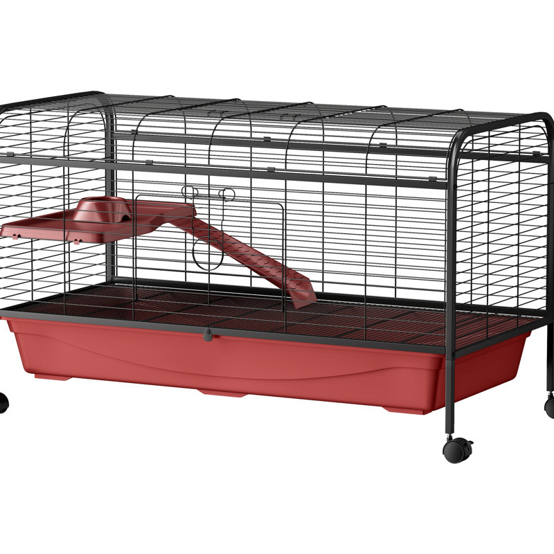 Abri pour petits animaux 48 po L - Maison de jeu pour lapins et furets avec mangeoire, roues, plateforme, rampe rouge + repaire noir