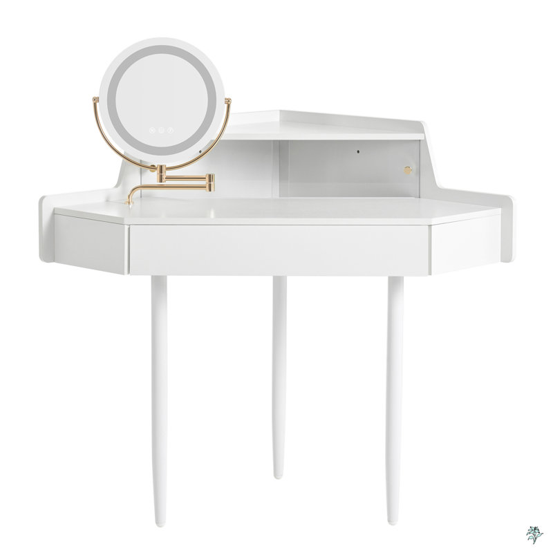 Corner Makeup Vanity Desk With Large Storage, LED Mirror & Stool, Brightness Adjustable