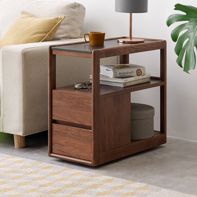 Solid Walnut Assembled Mobile End Table With Sintered Stone Tabletop, Wheels