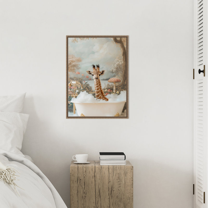 «Whimsical Giraffe Soak» par Hostetter, reproduction d'art sur toile encadrée, H 24 po x l 18 po