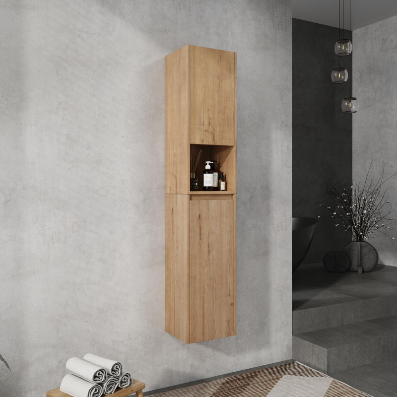 12" Modern Wall-Mounted Bathroom Side Cabinet With Soft-Close Hinges, 2 Doors & 1 Shelf - Space-Saving Design, Imitative Oak