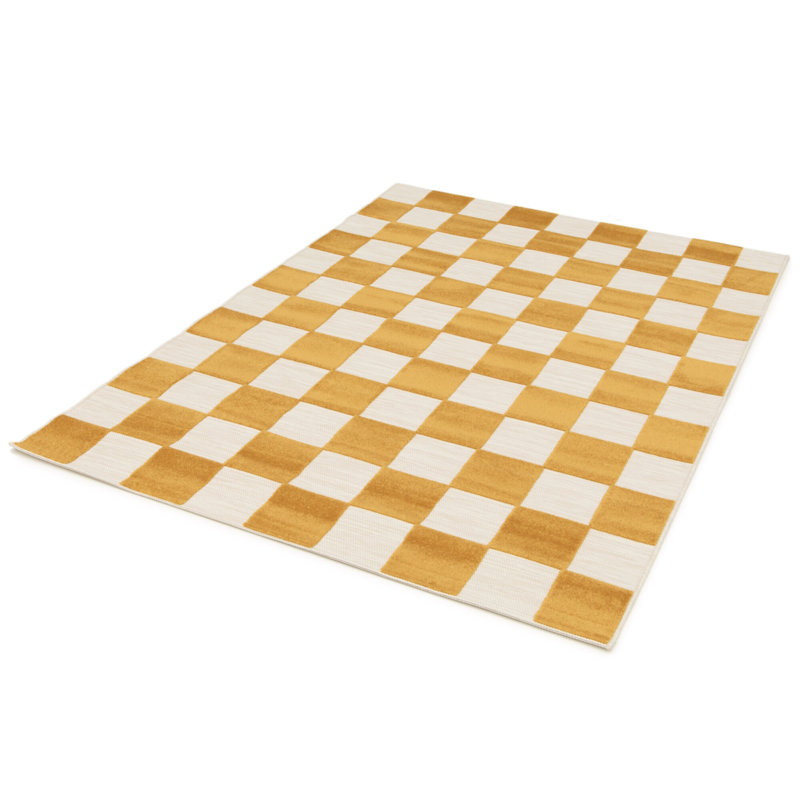 Philo Chequered Machine Woven Relief Indoor Outdoor Yellow Area Rug, Rectangle 164 x 230cm