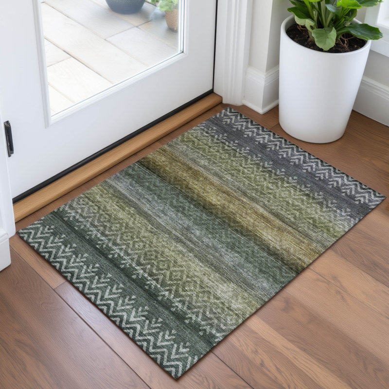 Machine Washable Indoor/Outdoor Xhevrie Green Rug, Rectangle 1'8" x 2'6"