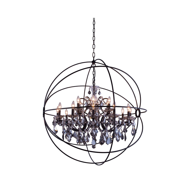 Lustre globe à bougie 18 lumières Svante, Bronze foncé, Abat-jour argenté (gris)