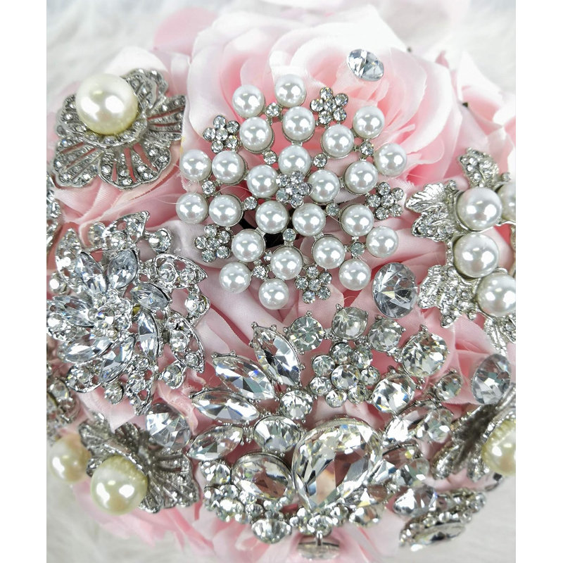 Bouquet de mariée roses en soie artificielle avec rubans et strass , Rose