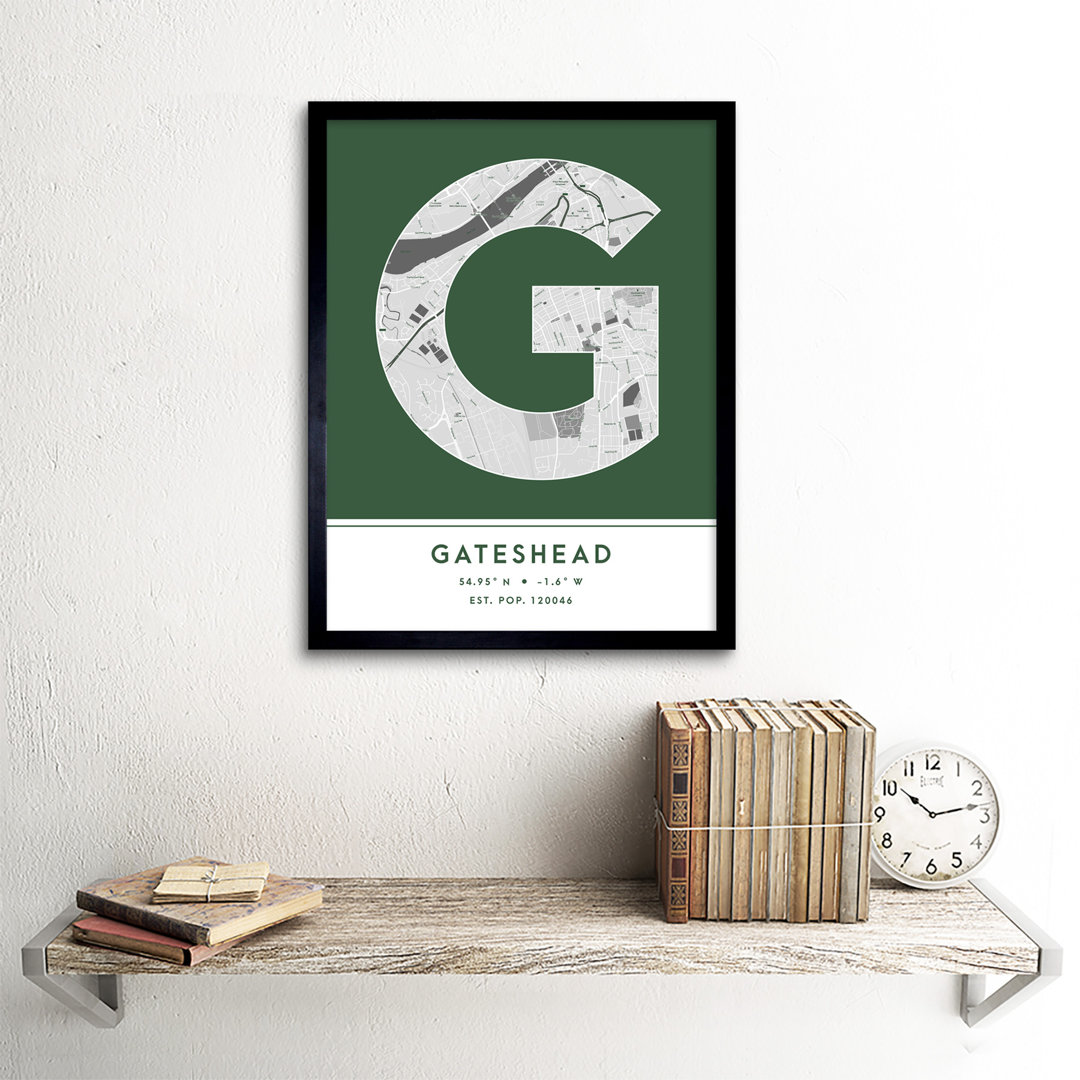 Gateshead City Map Gateshead Green - Single Picture Frame Typography