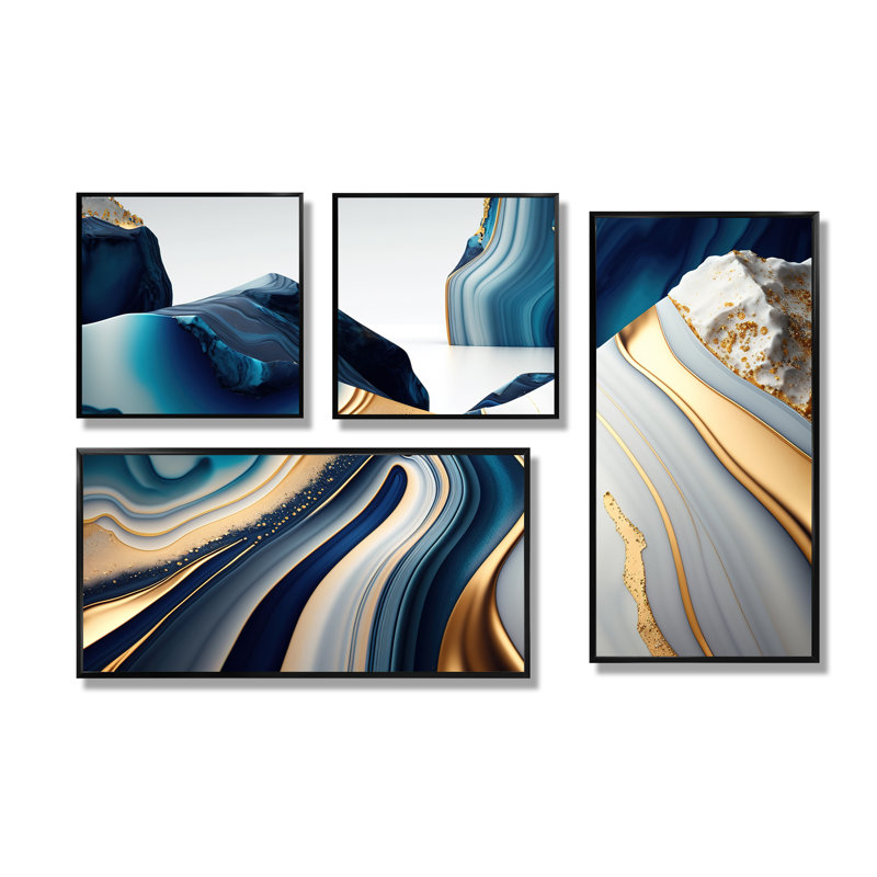 «Abstract Geode Waves Blue I» - Art mural bleu 4 pièces, Noir, Impression encadrée sans passe-partout