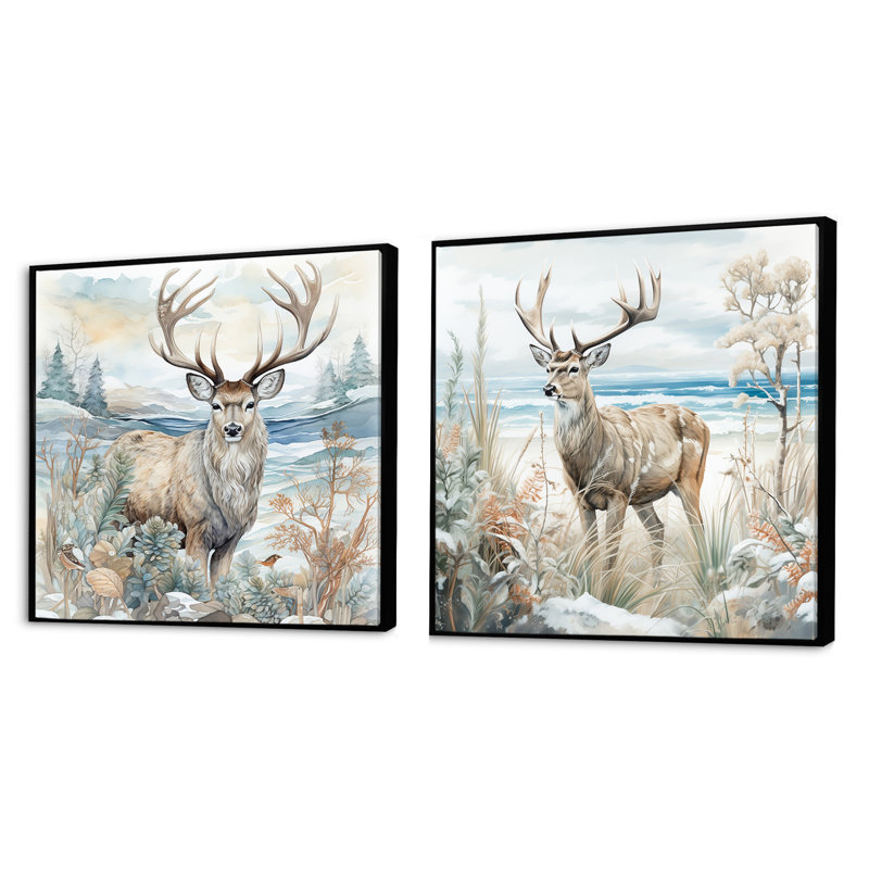 Ensemble de 2 cerfs charmants en hiver, Cadre flottant noir, H 16 po x l 33 po