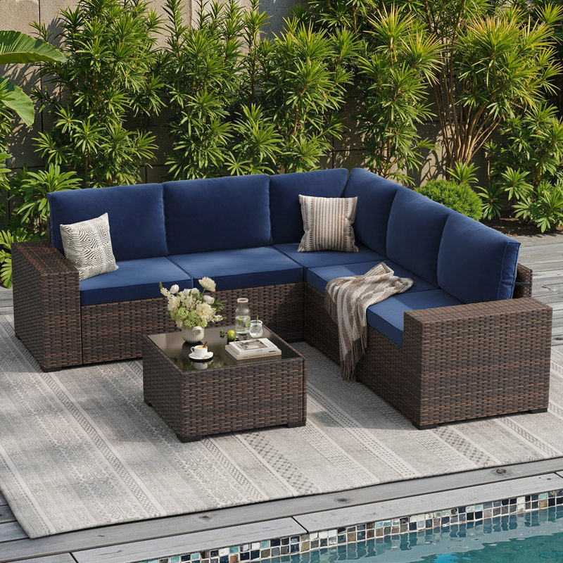 Ensemble de canapé modulaire d'extérieur 6 pièces avec accoudoirs larges, Marine