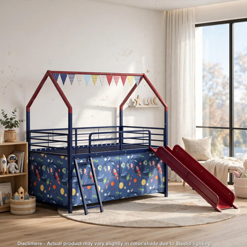 Lit mezzanine double Zeso pour enfants, motif maison, glissade et rideau, bleu marine et rouge