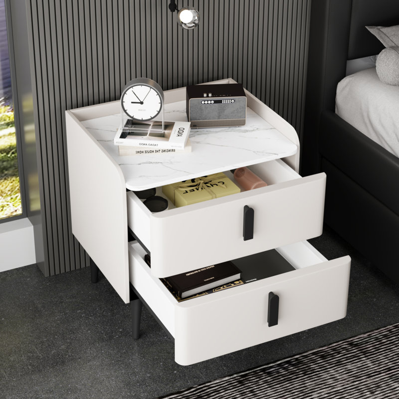 Table de chevet avec 2 tiroirs, table de chevet avec plateau en marbre, table d'appoint moderne pour la chambre à coucher, table de bout pour le salon, blanc