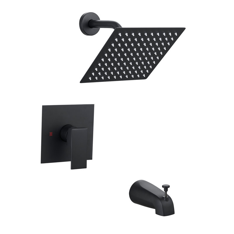 Robinet de douche noir mat moderne, garniture de baignoire et de douche avec tête de douche carrée noire à jet simple, noir mat (valve non incluse)