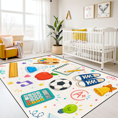 10 x 14 enfants apprenant tapis tapis lavables pour la salle de classe, fournitures scolaires colorées, éducation, icônes, crayons, livres, retour à l'école, tapis d'apprentissage pour la prématernelle, antidérapant en caoutchouc souple