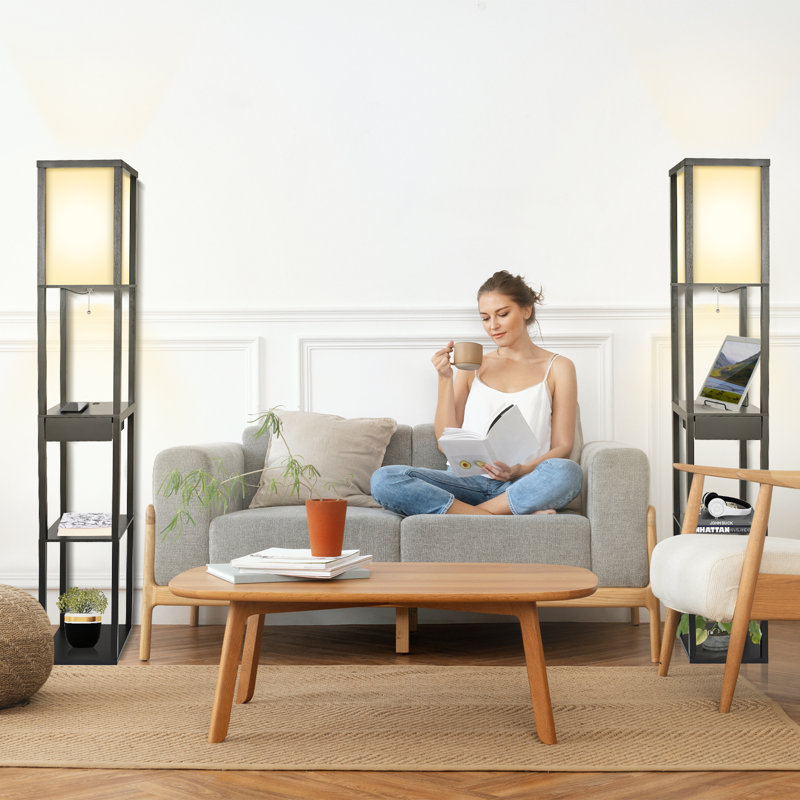 Floor Lamp With Charging, 160cm 3 Layers Shelves Standing Light With Drawer, Reading Lamp with Bulb, Black