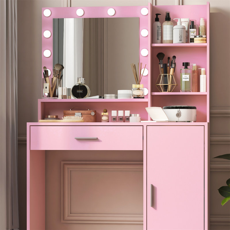Bureau de coiffeuse avec miroir et lumière, Rose pastel