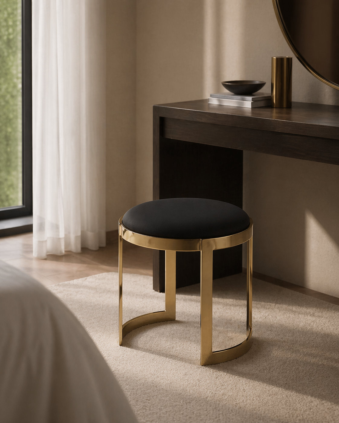 Nouri Accent Stool, Gold, Black Faux Leather
