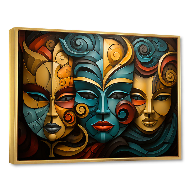 Chine, masques d'opéra jaunes et bleus III - art mural chinois, H 30 po x l 40 po x P 1,5 po, Cadre flottant doré