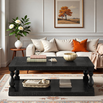 Vintage Coffee Table With Vase Column Legs, Pine Veneer And Lower Shelf