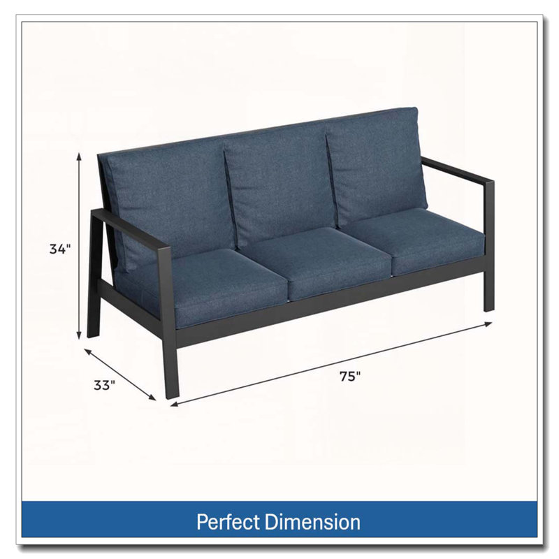 75 All-Weather Aluminum 3-Seat Patio Sofa with Blue Cushions, Blue