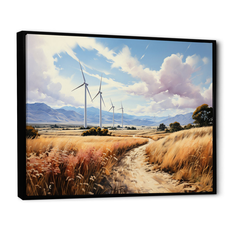 Wind Turbines Sunlit Spin - reproduction sur toile, H 16 po x l 32 po x P 1 po, Cadre flottant noir