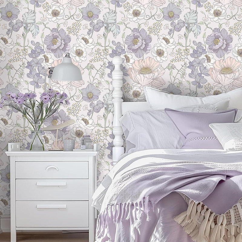Papier peint floral mauve rétro VEELIKE