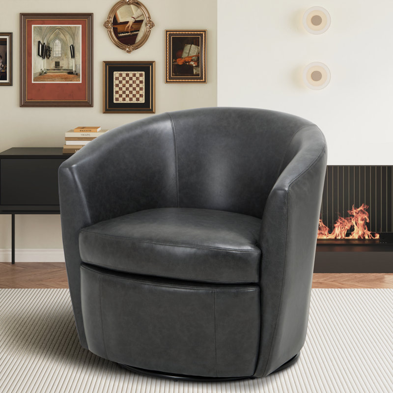 Leather Upholstered Swivel Barrel Chair,No Assembly Required, Charcoal Faux Leather