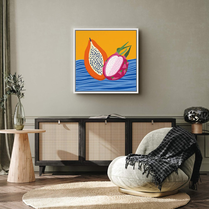 Motif géométrique orange, papaye rose, fruit du dragon, dessert, art moderne, multicolore, encadré sur toile, Blanc