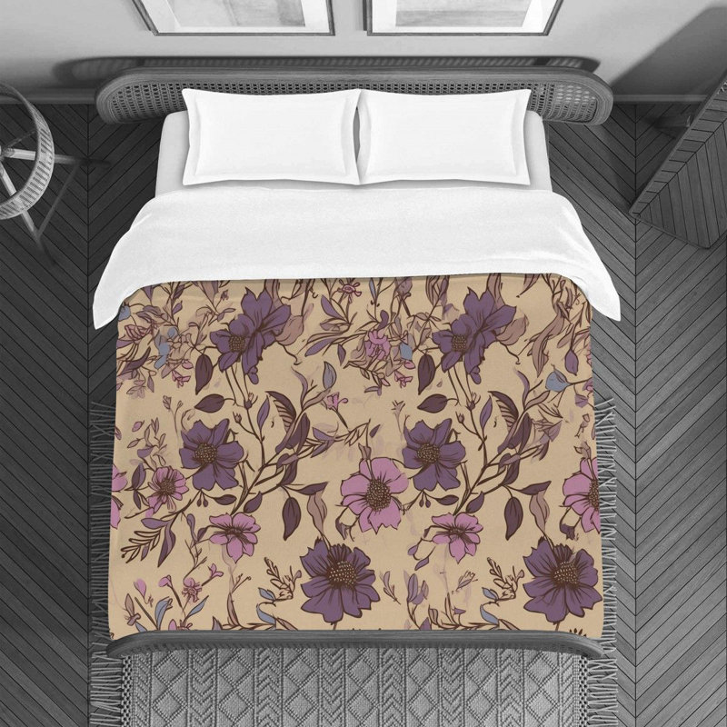 Housse de couette florale en microfibre brun / mauve, Housse de couette simple