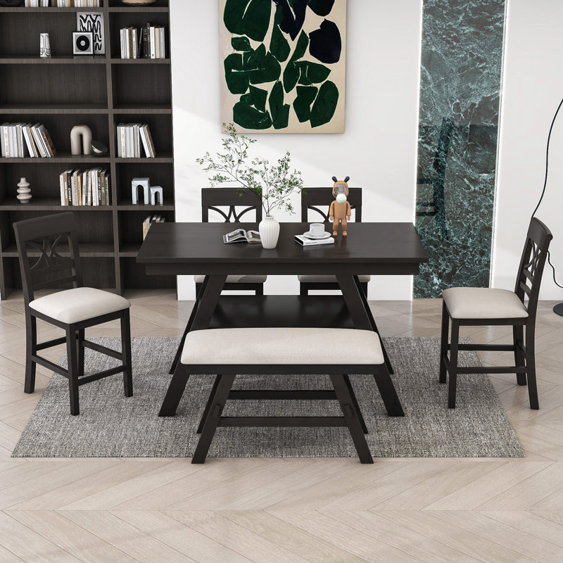 Damu 6 - Piece Dining Set, Dining Table with Storage Shelf and Bench and 4 Chairs, Espresso, Espresso