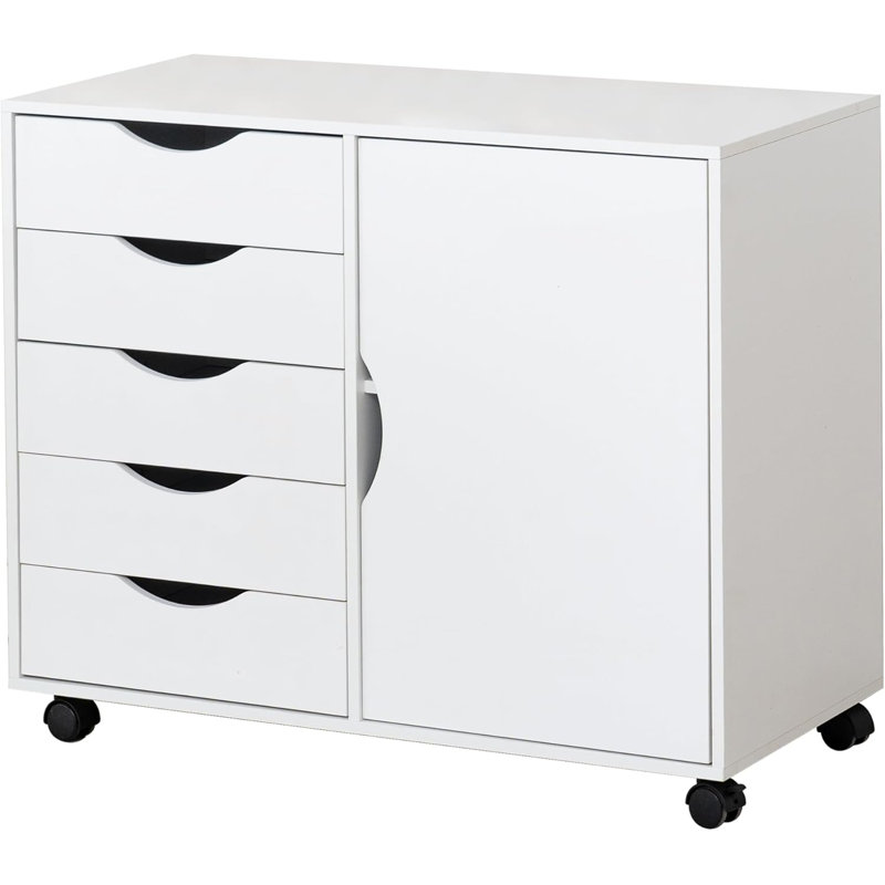 5-drawer Chest With 1 Door, Storage Chest Of Drawers, Mobile Dresser Cabinet With Wheels, Printer Stand For Home Office Bedroom