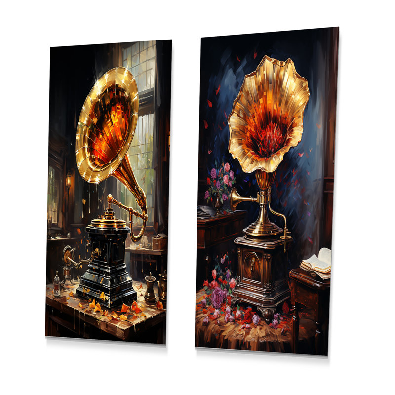 «Gold Phonographs Elegance I», ensemble de 2 reproductions d'art en métal, H 32 po x l 32 po