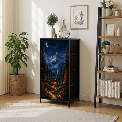 4 Drawer Vertical Storage Dresser Snowy Mountain Cabin Winter Forest Under Crescent Moon Snow with Wood Top Fabric Pull Drawers