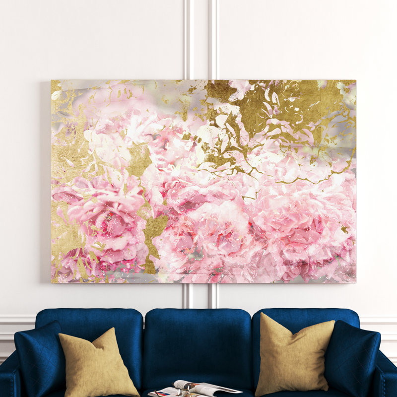 Floral et fleurs de camélias roses et dorées - impression, H 38 po x l 56 po, Papier encadré blanc