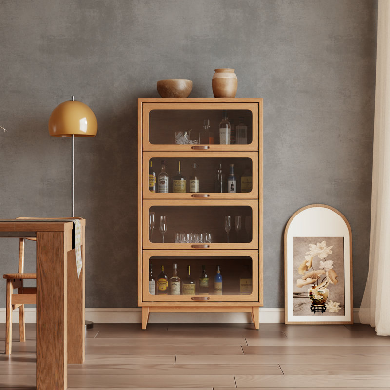 Bibliothèque en bois massif avec porte à rabat en verre et armoire de rangement moderne avec poignées en cuir, Tanné