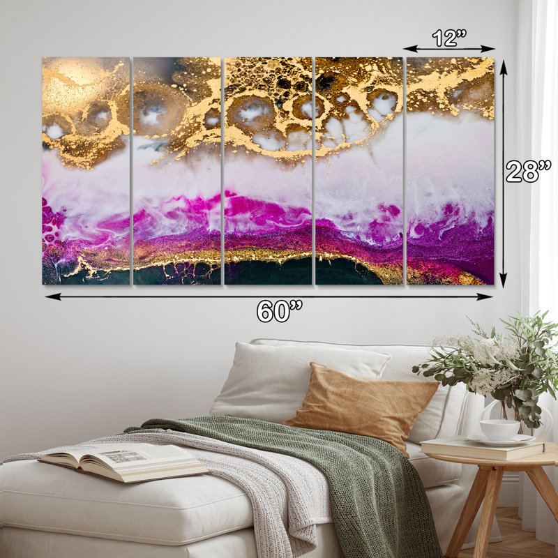 Or blanc et fuchsia époxy, art moderne sur toile - 60 x 28 - 5 panneaux