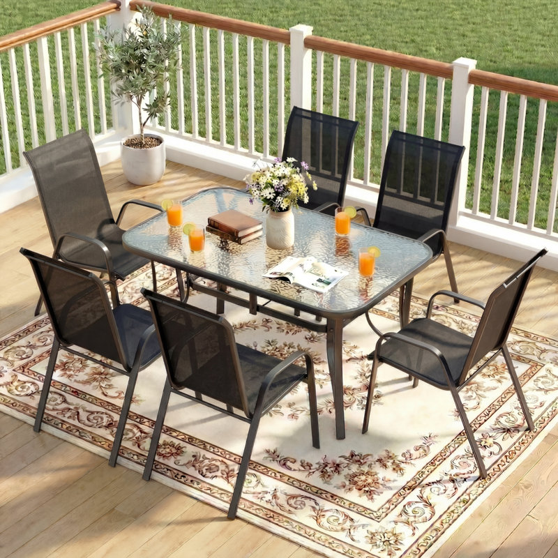 Patio Dining Set For 6, Outdoor Table And Chairs W/1.69?Umbrella Hole, All Weather Patio Furniture Set, 30"X 55" Table And Stackable PVC-coated polyester Chair, For Lawn, Deck (Umbrella Not Included)