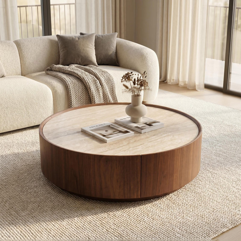 Table basse ronde en bois de noyer avec deux tiroirs de rangement, conception peu encombrante, Walnut