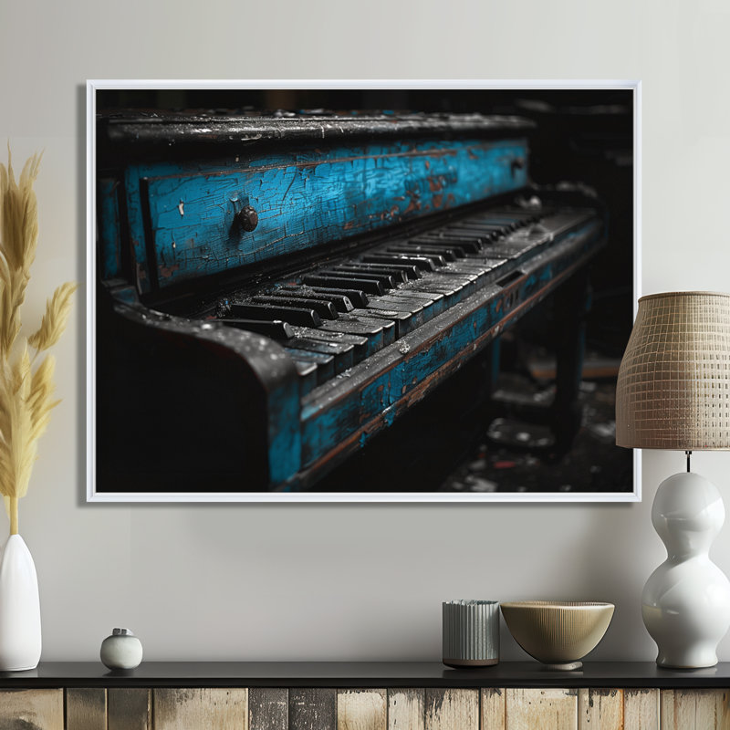«Blue Black Vintage Piano Music - Art mural de musique, Cadre flottant blanc, H 30 po x l 40 po
